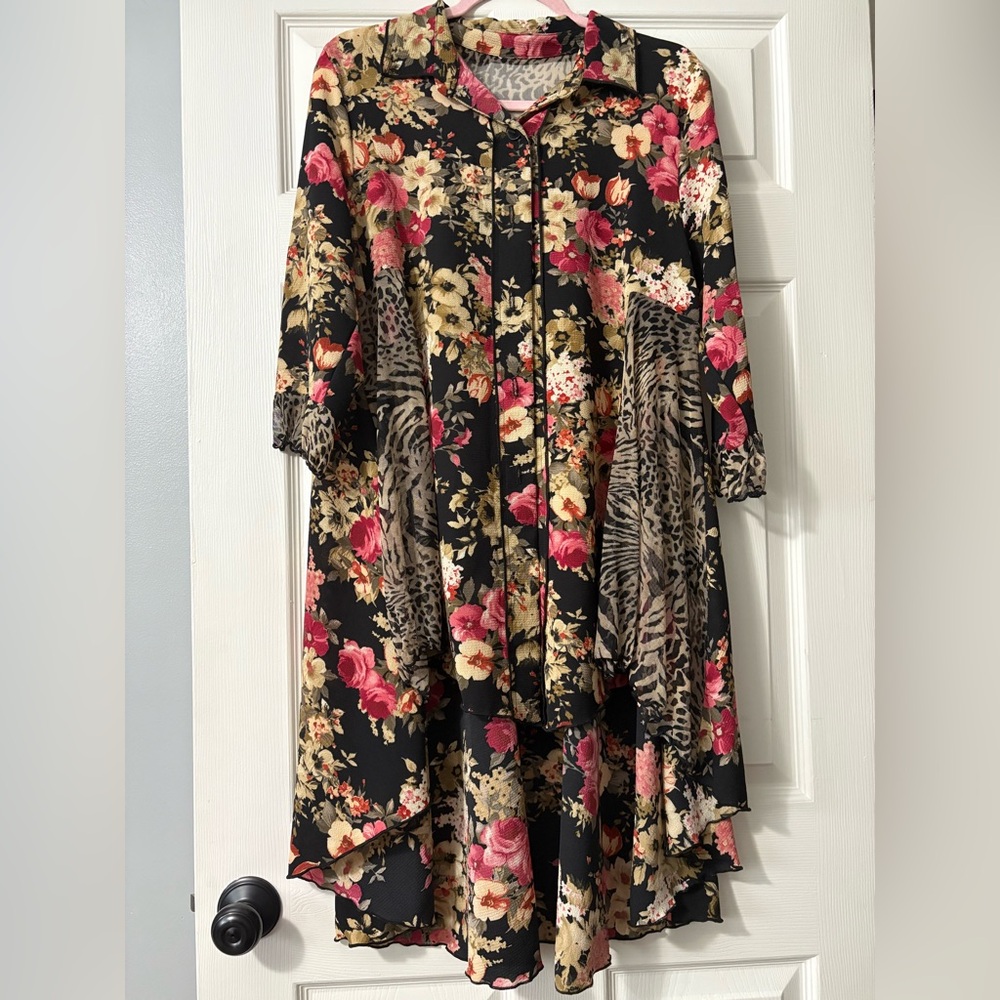 Chic Floral High-Low Dress with Animal Print